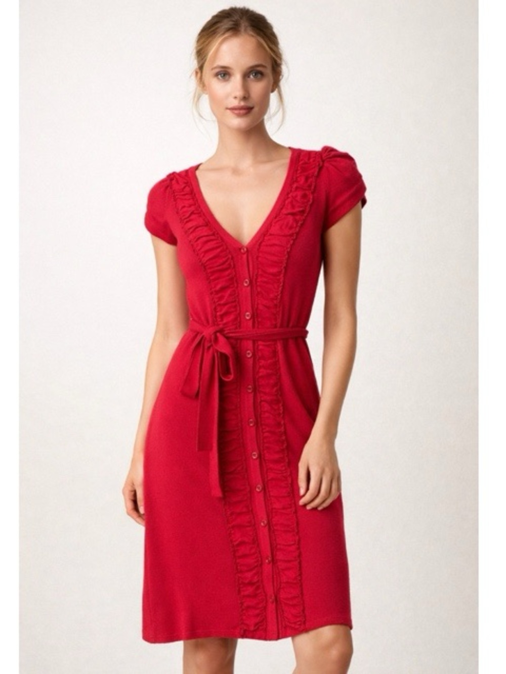 Nanette Lepore Red Ruffle-Trim Button Midi Dress